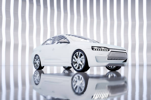 Generic modern car on display Generic modern car on display. This is entirely 3D generated image - generic vehicle design not based on any real (or concept) model/brand. empty dealership interior stock pictures, royalty-free photos & images