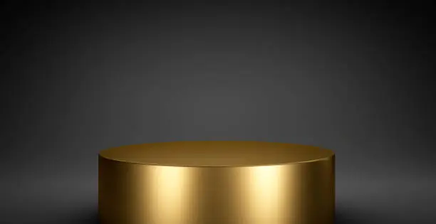 3d rendering of golden blank product stand on black background for presentation with copy space