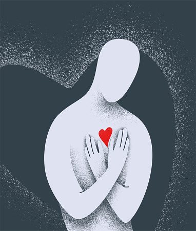 Human body protect heart in his chest vector illustration. Soul, humanity, love yourself concept in minimal simple flat style with texture effect.