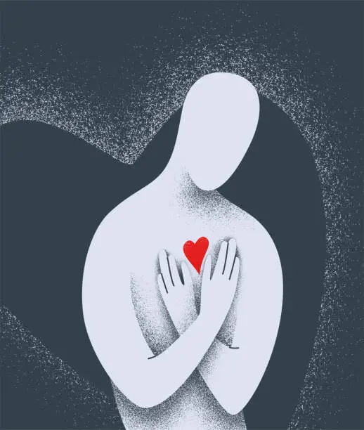 Vector illustration of Human body protect heart in his chest vector illustration. Soul, humanity, love yourself concept in minimal simple flat style with texture effect