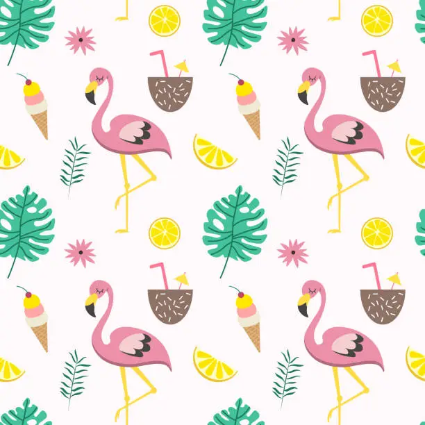 Vector illustration of Seamless pattern with theme of beach and cocktails and ice cream and palm trees EPS