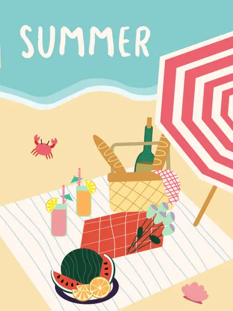 Vector illustration of Summer beach picnic card with straw picnic basket . Beach family party invitation. EPS
