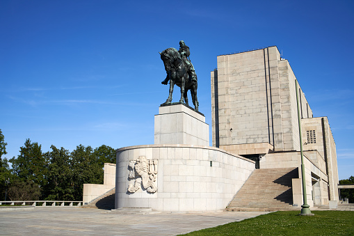 Prague, Czech Republic - October 1, 2021: Monument to Hussite leader Jan Zizka with a bronze equestrian statue