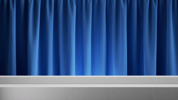 istock 3d render, abstract simple background with blue velvet curtain and white stage steps for product presentation 1393428168