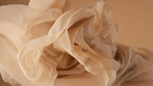 3d render, abstract beige background with delicate vintage waving veil, floating drapery, crumpled silky textile, wavy fashion wallpaper with cloth macro