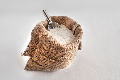 White rice in a hessian bag