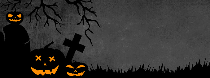 HALLOWEEN background banner wide panoramic panorama template -Silhouette of scary carved luminous cartoon pumpkins, trees and cross isolated in dark gray grey night texture in a cemetery