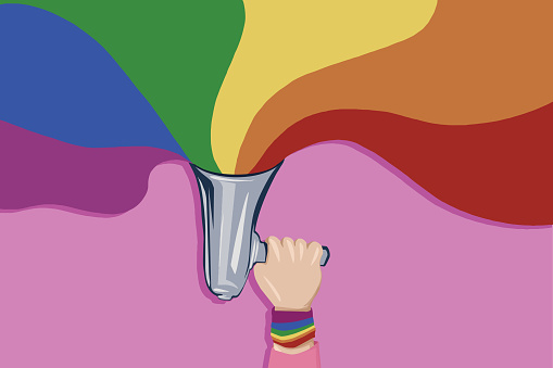 Person holding up a megaphone with various Pride flags coming out of it; part of Pride collection illustrations