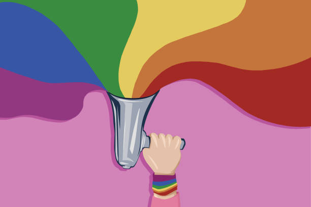 Attention please, you are proudly attending Pride parade! Person holding up a megaphone with various Pride flags coming out of it; part of Pride collection illustrations lgbtqcollection stock illustrations