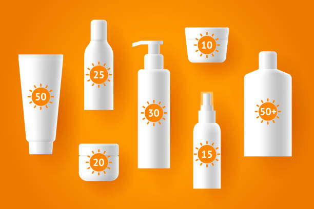 Sunscreen cosmetic products with sun protection factor labels vector art illustration