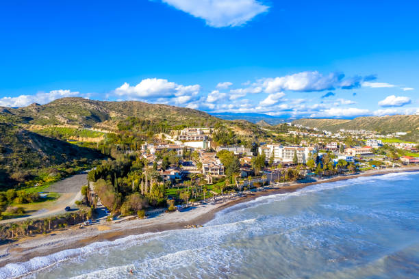 View of beach and hotels of Pissouri.Limassol District, Cyprus View of beach and hotels of Pissouri.Limassol District, Cyprus limassol stock pictures, royalty-free photos & images