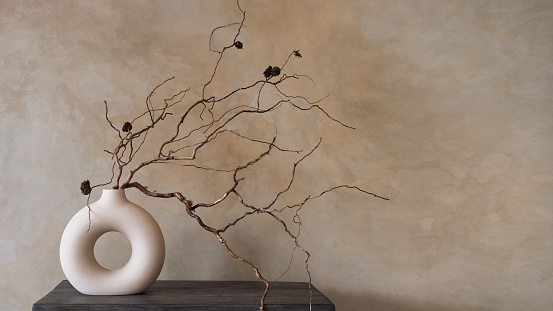 Dry branch of an old tree in round modern white vase against beige wall with copy space on background. Concept of natural beauty and home decor elements in apartment