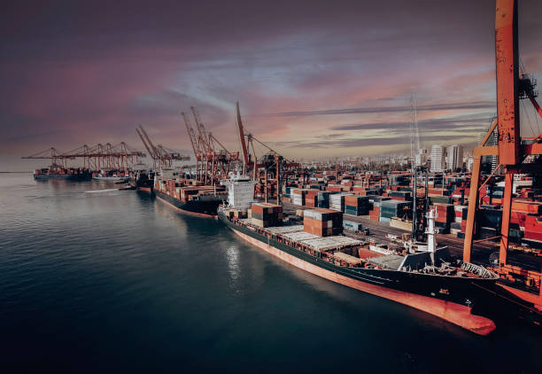 luftaufnahme von frachtschiffen in einem internationalen hafen. - coal crane transportation cargo container stock-fotos und bilder