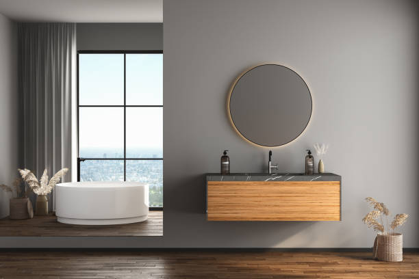 istock Modern bathroom interior with dark brown parquet floor, 1393446551