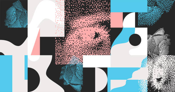 Modern Abstract Pattern Horizontal Background, Grunge Transition Texture, Geometric Shapes Modern Abstract Pattern Horizontal Background With Grunge Transition Texture, Geometric Shapes Elements Objects, Bold Composition. Design Item For Magazine, Leaflet, Billboard, Sale weird spot stock illustrations