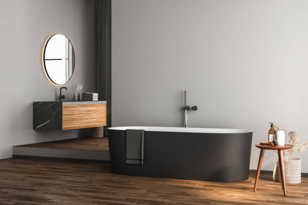 istock Modern bathroom interior with dark brown parquet floor, 1393447204