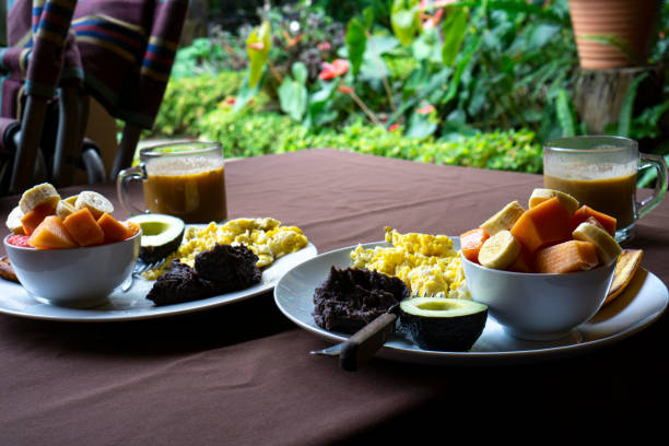 breakfast on a table outside in a garden with blurry background. Eggs, beans avocado and fruit salad
