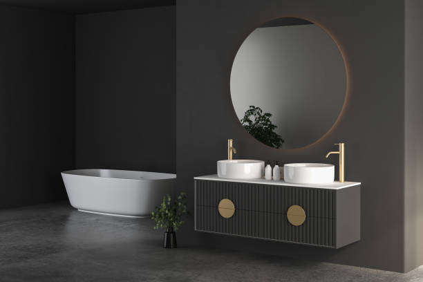 Modern minimalist bathroom interior, modern bathroom cabinet, stock photo