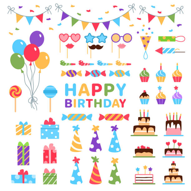 illustrations, cliparts, dessins animés et icônes de joyeux anniversaire ensemble d’icônes plates. éléments d’anniversaire colorés sur fond blanc pour l’invitation à la célébration d’un événement de carnaval, conception de carte de fête d’anniversaire. coffret cadeau, illustration vectori - ballooning festival