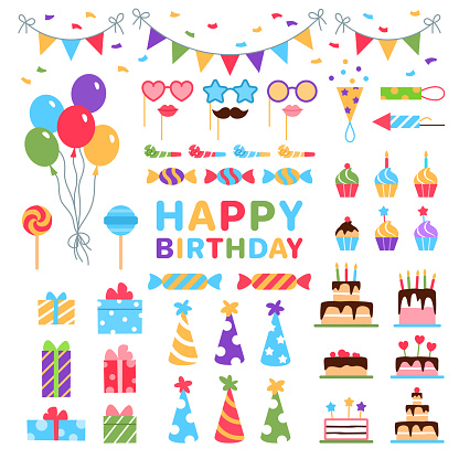 Happy Birthday flat icons set. Colorful anniversary elements on white background for carnival event celebration invitation, Birthday party card design. Gift box, balloon cake hat vector illustration.