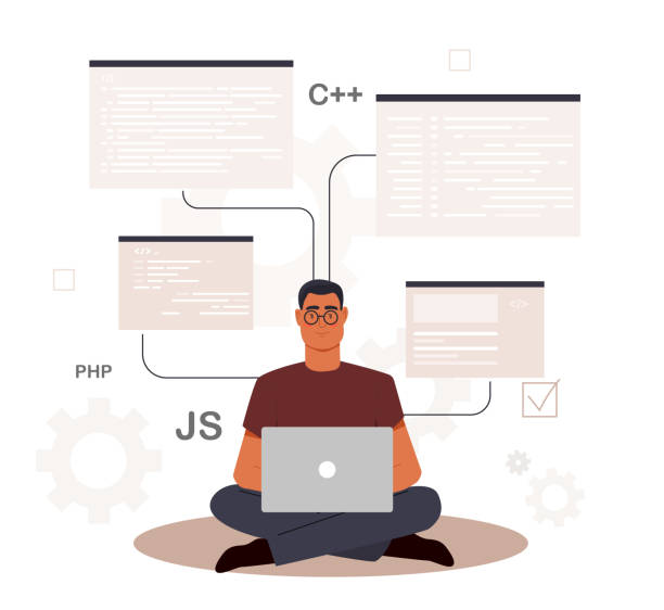 Developer or programmer Developer or programmer. Man sits with laptop in lotus position. Modern technologies and digital world, employee of an IT company. Writing code for website pages. Cartoon flat vector illustration javascript stock illustrations