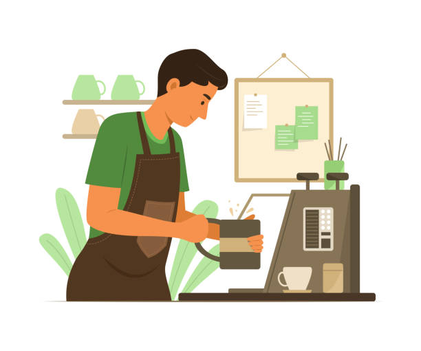 illustrations, cliparts, dessins animés et icônes de barista faisant du café dans le café. - premier emploi