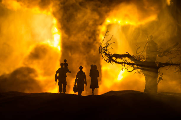 istock Creative artwork decoration war on Ukraine. Crowd looking on giant explosion and attacking soldiers. 1393460478