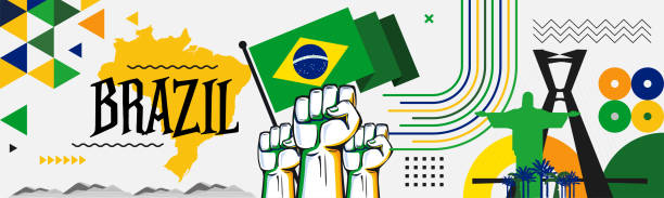 brasilien nationalfeiertag design mit brasilianischer flagge, karte und rio sehenswürdigkeiten. abstraktes modernes grüngelbes thema. - brazil stock-grafiken, -clipart, -cartoons und -symbole