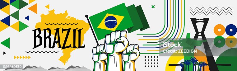 istock Brazil national day design with Brazilian flag, map and Rio landmarks. Abstract modern green yellow theme. 1393460570