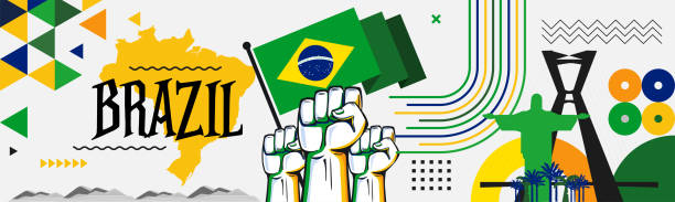 Brazil national day design with Brazilian flag, map and Rio landmarks. Abstract modern green yellow theme. Flag and map of Brazil with raised fists. National day or Independence day design for Brazilian celebration. Modern retro design with Rio landmarks abstract icons. Vector illustration. brazil stock illustrations