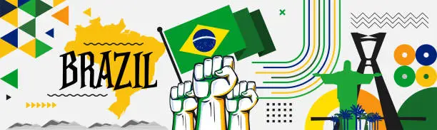 Vector illustration of Brazil national day design with Brazilian flag, map and Rio landmarks. Abstract modern green yellow theme.