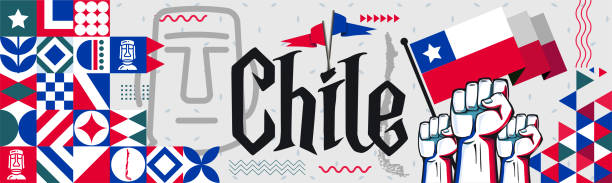 Chile national day design with Chilean flag, map and Moai landmark. Chile National day banner with abstract shapes. Chilean flag and map. Red blue triangles scheme with raised hands or fists. Moai landmarks. Vector Illustration flag of chile stock illustrations