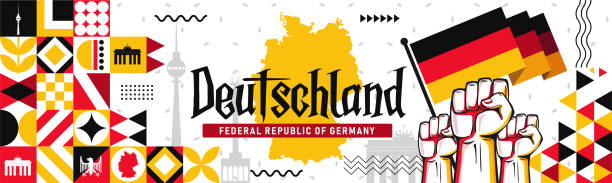 deutschland deutschland nationalfeiertag design mit deutscher flagge, karte und berliner sehenswürdigkeiten. - tag der deutschen einheit stock-grafiken, -clipart, -cartoons und -symbole