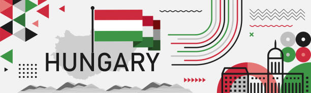 illustrazioni stock, clip art, cartoni animati e icone di tendenza di design della giornata nazionale ungherese con bandiera ungherese, mappa e punto di riferimento di budapest. tema verde rosso. - hungarian flag