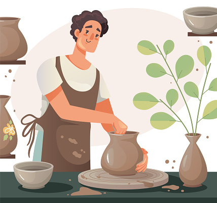 Man character making pot. Pottery hand made hobby workshop craft illustration. Vector graphic concept