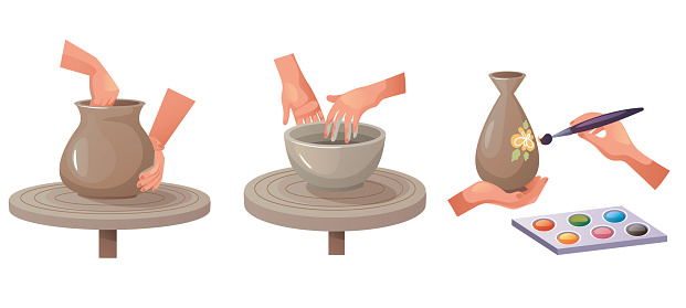 Pottery hand made hobby workshop craft steps illustration. Vector graphic concept