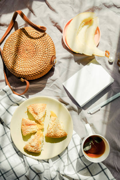 istock Summer picnic on a blanket with tea, fruit and pie. Wicker bag and notebook. Light green color. Summer mood inspiration 1393462375