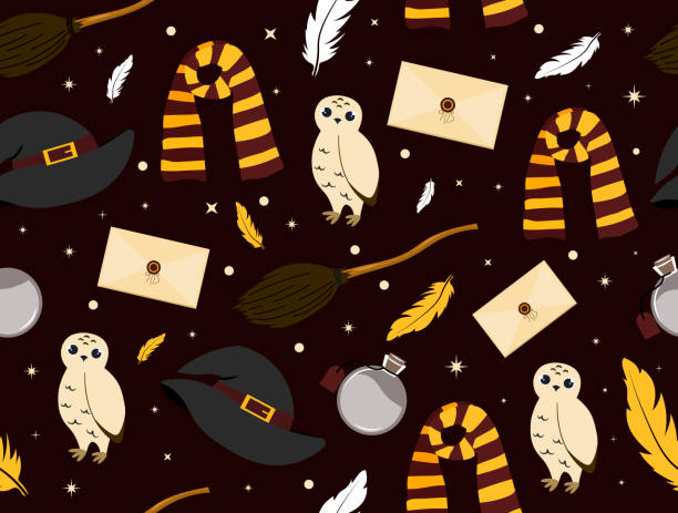 Seamless pattern magic school Seamless pattern magic school. Repeating picture for printing on gift wrapping paper. Magic, imagination and fantasy. Sorting magical hat, scarf and grey owl. Cartoon flat vector illustration wizard stock illustrations