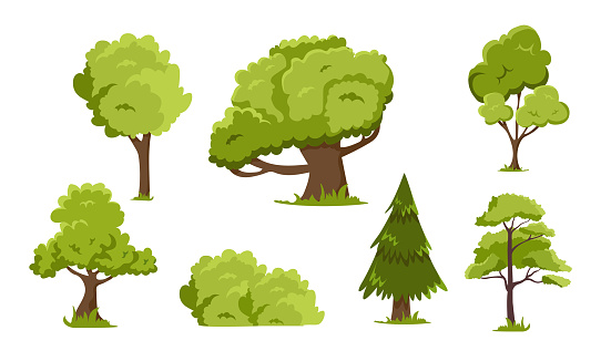 Set of trees. Collection of icons for social networks. Park or forest elements, plants and flora. Care for nature, planet and ecology. Cartoon flat vector illustrations isolated on white background