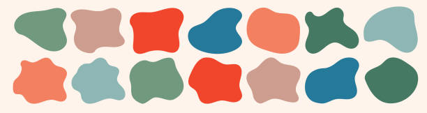 유기농 아메바 얼룩 모양 추상적인 다채로운 벡터 일러스트 레이 션은 흰색 배경에 고립되어 있습니다. 불규칙한 둥근 얼룩 형태 그래픽 요소의 집합입니다. 낙서 방울 수집. 현대 배너 - abstract stock illustrations