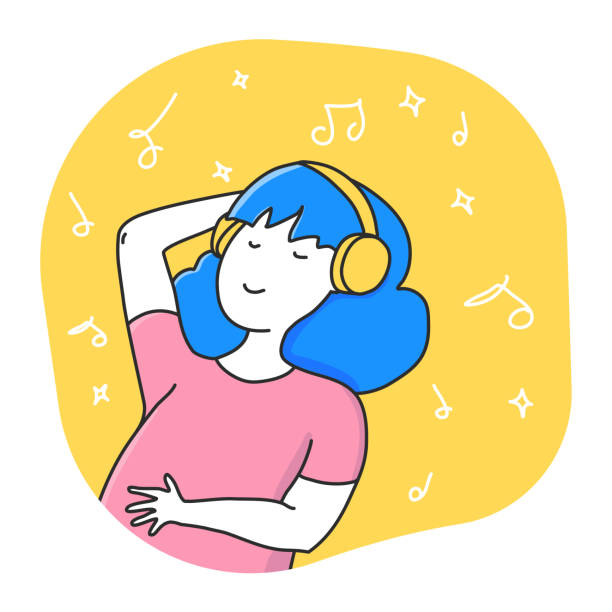 illustrations, cliparts, dessins animés et icônes de jeune femme allongée et écoutant de la musique dans ses écouteurs sur un ordinateur portable avec un verre. illustration colorée et lumineuse dans un style cartoon. notes et étincelles sur l’arrière-plan - lying on side audio