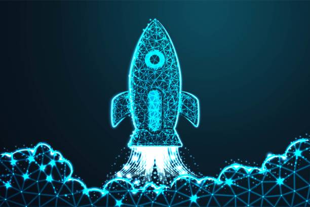 istock Rocket launch. Business start up concept form lines, with crumbled edge on blue night sky with dots, stars and looks like constellation, illustration 1393465862