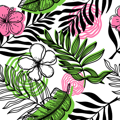 Seamless pattern of abstract tropical elements hand-drawn in sketch style. Monochrome with spots. Bright strelitia flowers, palm leaves and foliage. Tropics. Summer. Strelicia. Isolated vector.