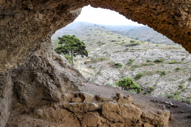 istock View of a lone cypress from the cave. Mediterranean climate. 1393466231