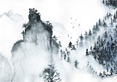 Watercolor illustration of Asian birds.Chinese traditional landscape painting of mountains. painting with misty forest trees on white background.Watercolor illustration of Asian birds.
