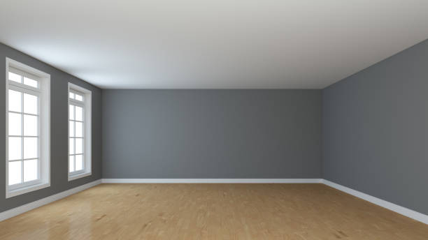 istock Beautiful Empty Interior with Two Windows, Light Glossy Parquet, Grey Walls 1393466328