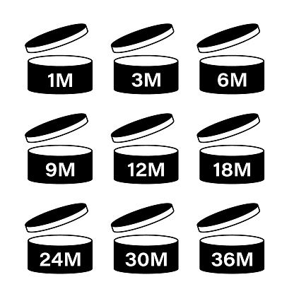 PAO cosmetic icons set, marks of period after opening . Expiration time after package opened, black labels. 1, 3, 6, 9, 12, 18, 24, 30, 36 month expirity on white background, vector illustration.