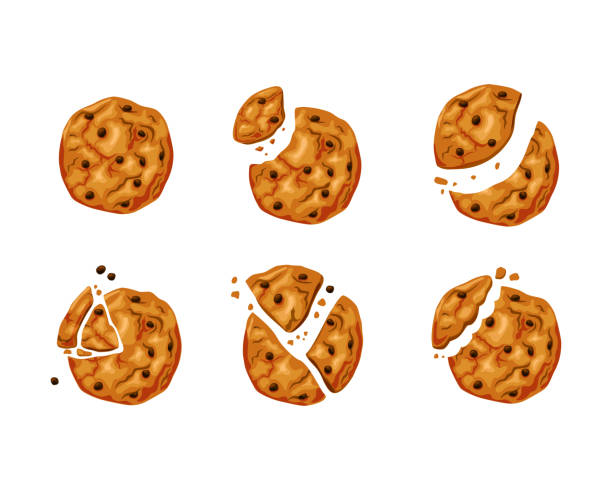 illustrations, cliparts, dessins animés et icônes de biscuits mordus avec un ensemble de pépites de chocolat. dessert cassé fraîchement cuit. - cookie chocolate chip chocolate chip cookie cartoon