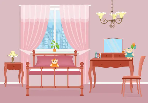 Vector illustration of Baby girl bedroom. Room interior with furniture. Vector illustration.