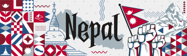 ilustraciones, imágenes clip art, dibujos animados e iconos de stock de diseño del día nacional de nepal o festival happy teej con bandera nepalí, mapa y puntos de referencia del monte everest katmandú. - nepalese culture nepal kathmandu bagmati